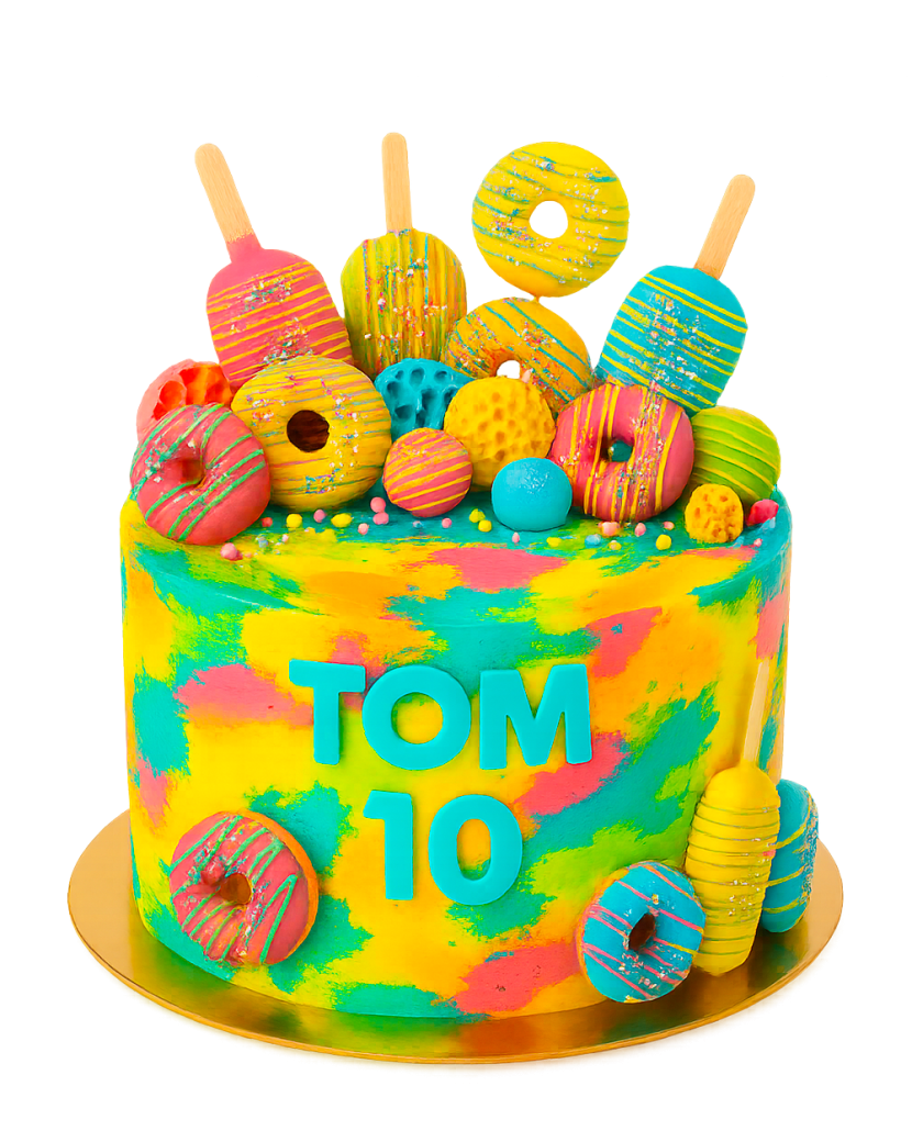 Barevný dort s donuty 2 patrový, 35 porcí