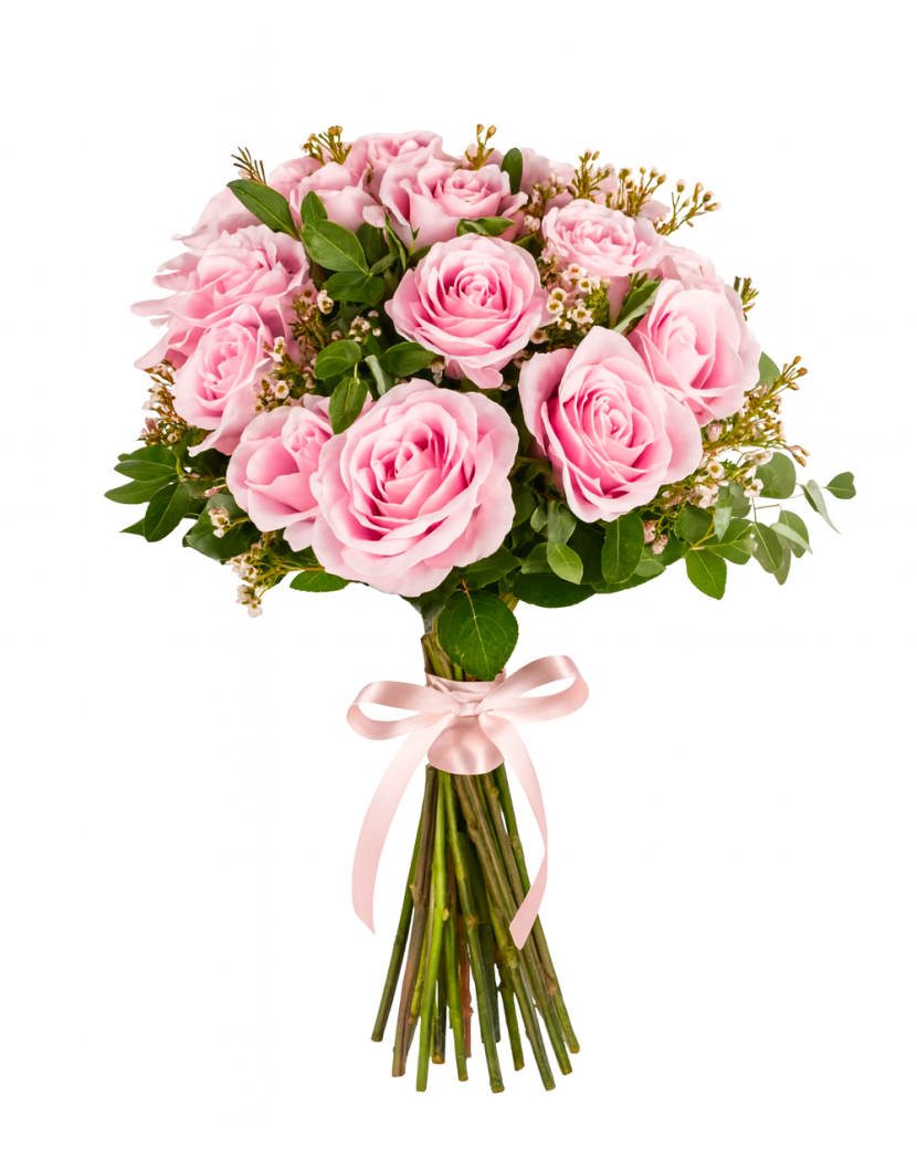 Růžové růže s eukalyptem 51 Ks