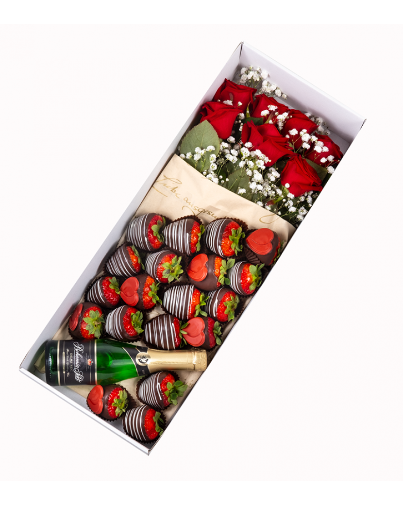 Jahody, šampaňské, růže Malý (S)