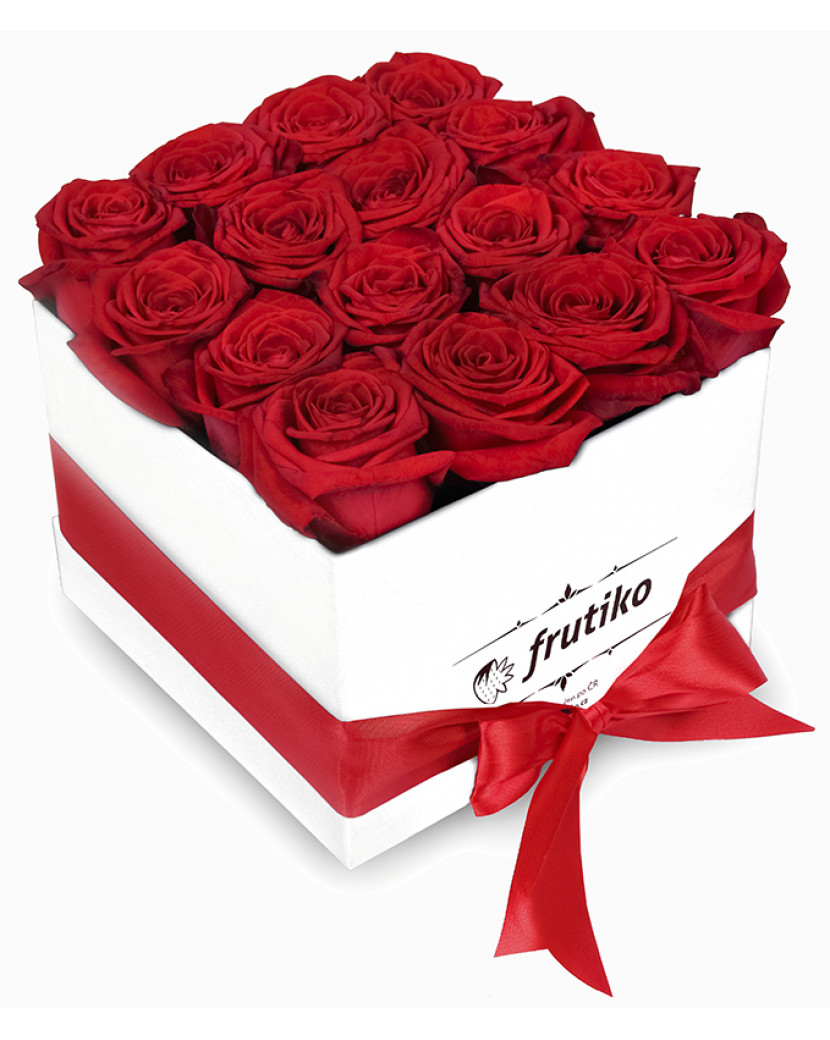 Bílá krabice červených růží 16 ks