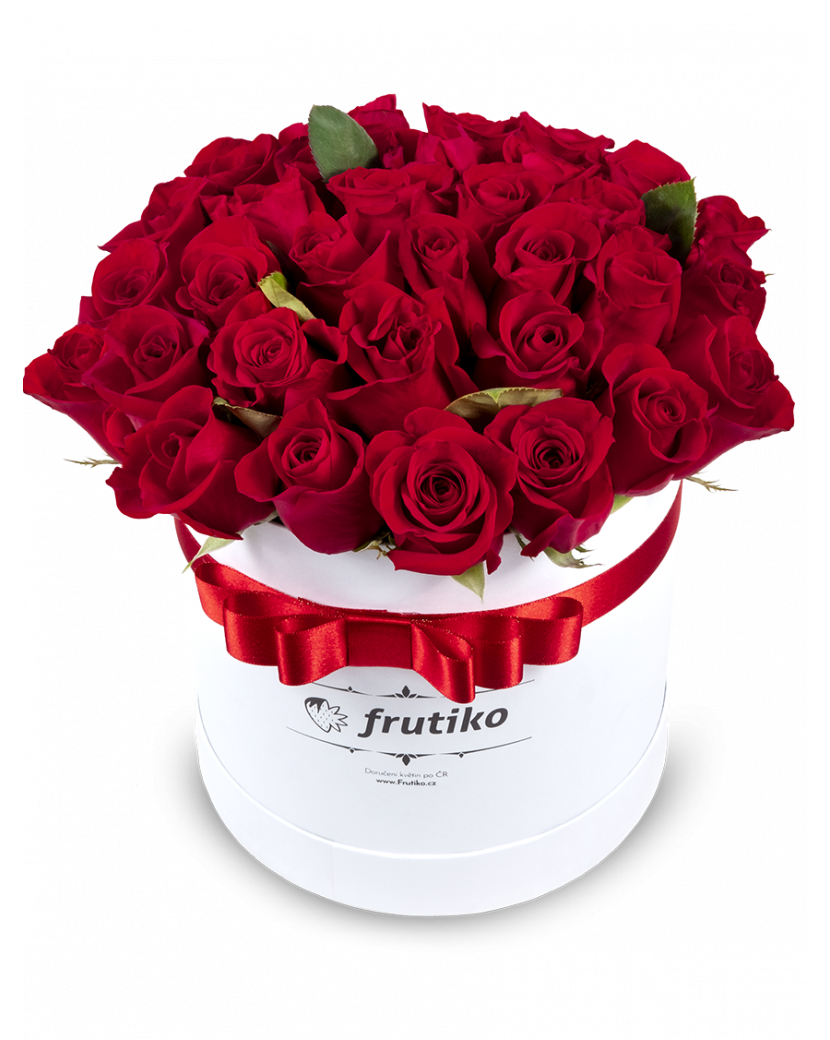 Rudé růže bílá kulatá krabice 30 - 32 ks