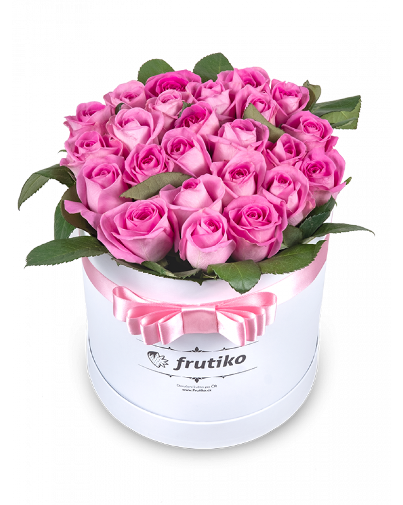 Růžové růže bílá kulatá krabice 30 - 32 ks