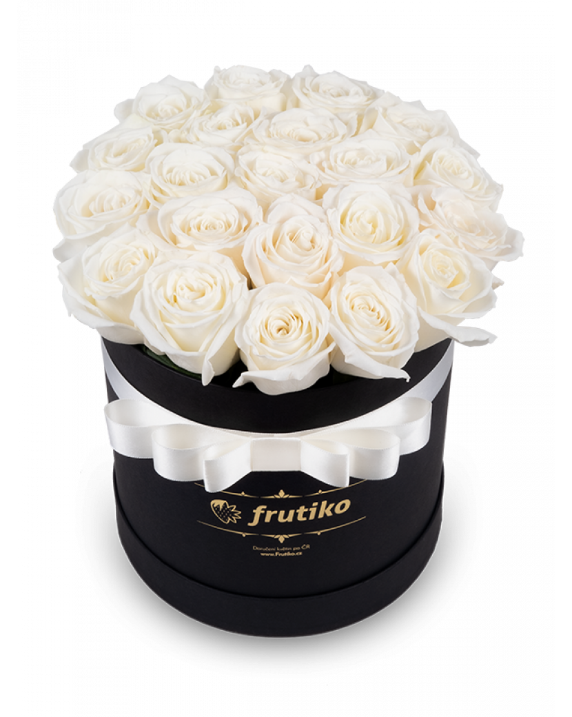 Bílé růže černá kulatá krabice 30 - 32 ks