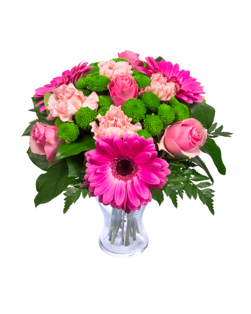 Růžové karafiáty, růže, gerbery Standard