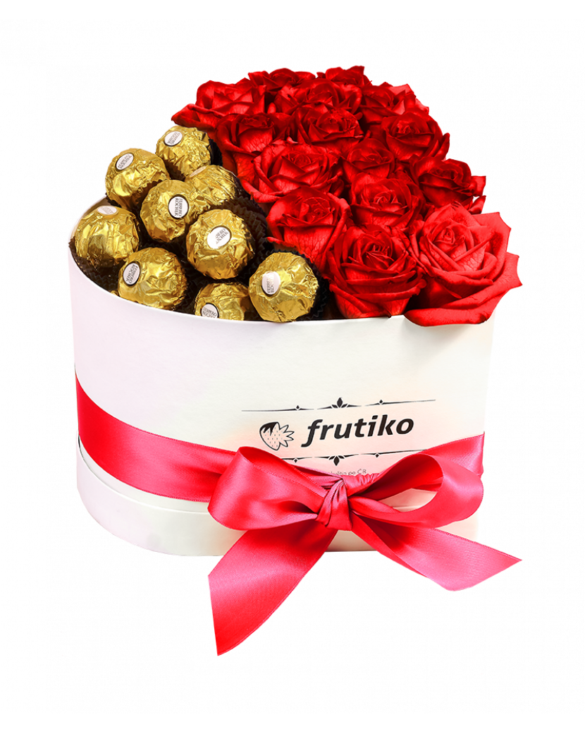 Bílé srdce rudé růže + Ferrero Rocher 15 růží + 20 bonbonů