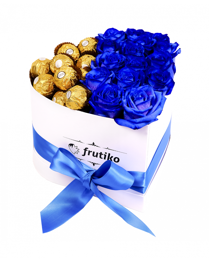 Bílé srdce Modré růže + Ferrero Rocher 15 růží + 20 bonbonů