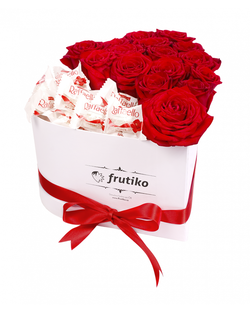Bílá krabice rudých růží + Raffaello 15 růží + 20 bonbonů