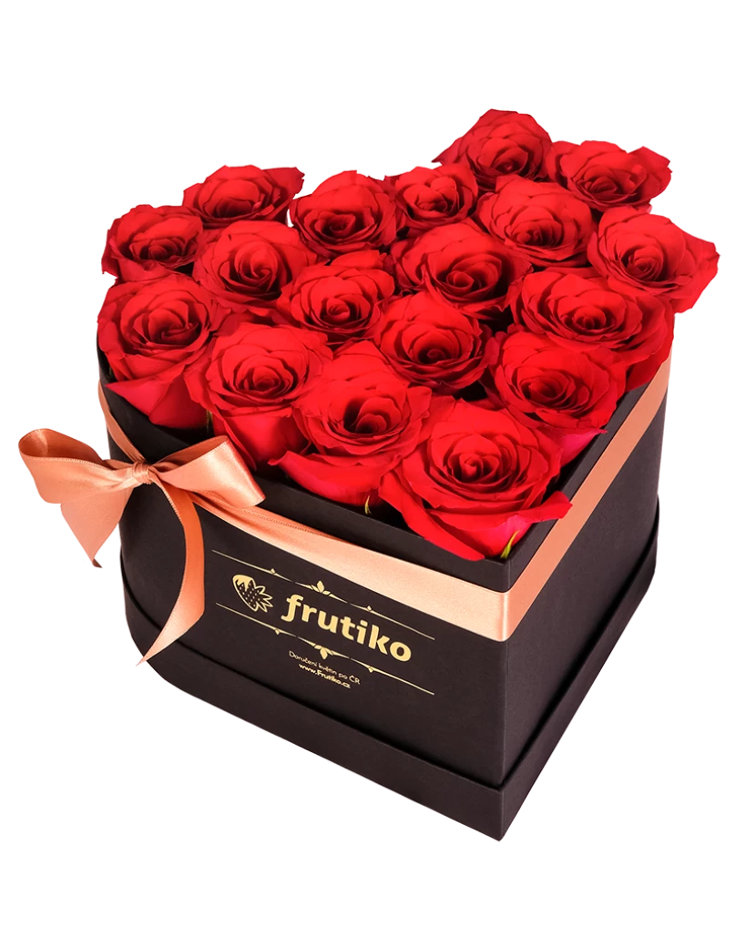 Чёрная коробка красных роз виде сердца