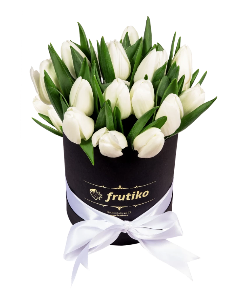 Чёрнaя кoробка с белыми тюльпанами- овальнaя 