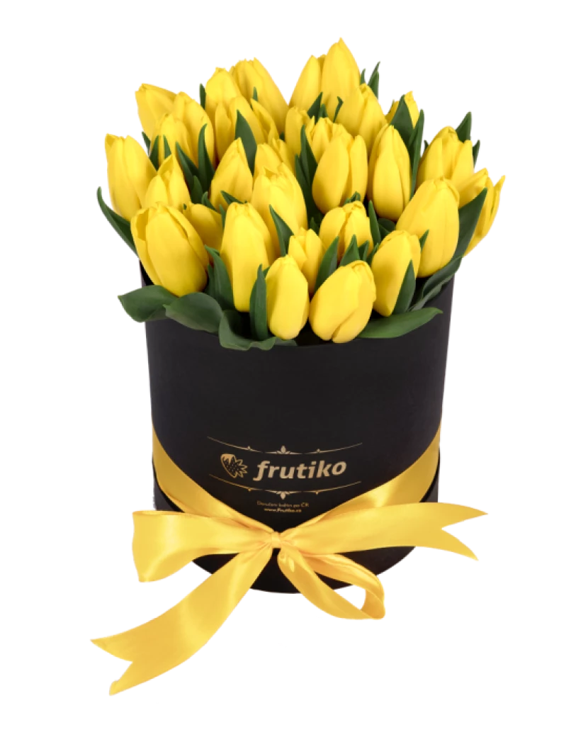 Овальная чёрная коробочка жёлтых тюльпанов