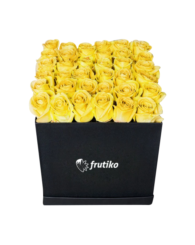 Černá hranatá krabice žlutých růží