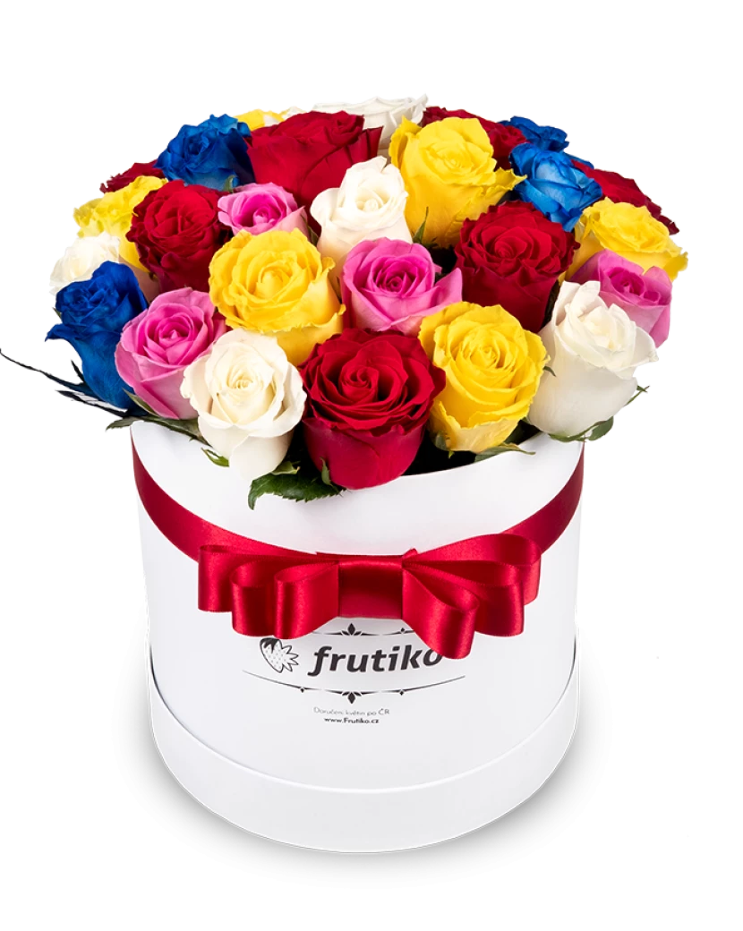 Белая круглая коробка цветных роз MIX