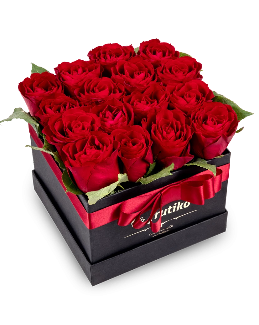Černá hranatá krabice rudých růží