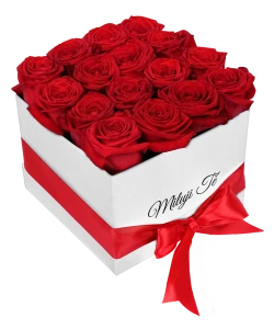 Bílá krabice rudých růží Miluji Tě