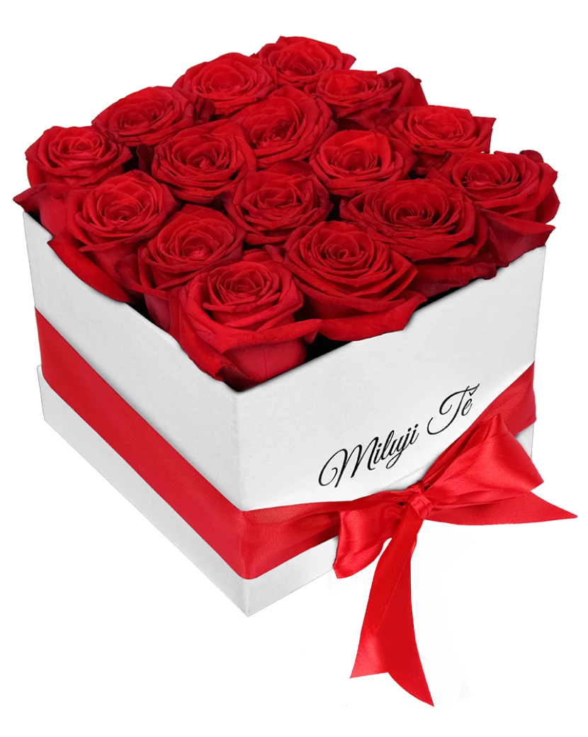 Bílá krabice rudých růží Miluji Tě