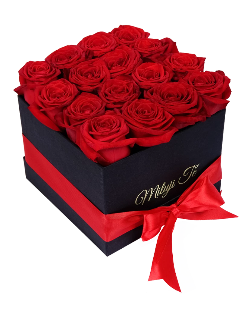 Černá hranatá krabice rudých růží Miluji Tě 