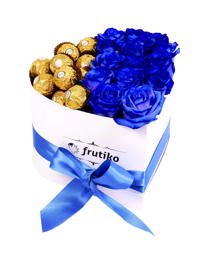Heart Box Blue Rose + Ferrero Rocher