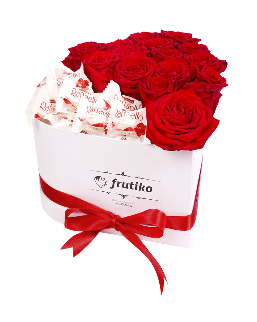 Bílá krabice rudých růží + Raffaello